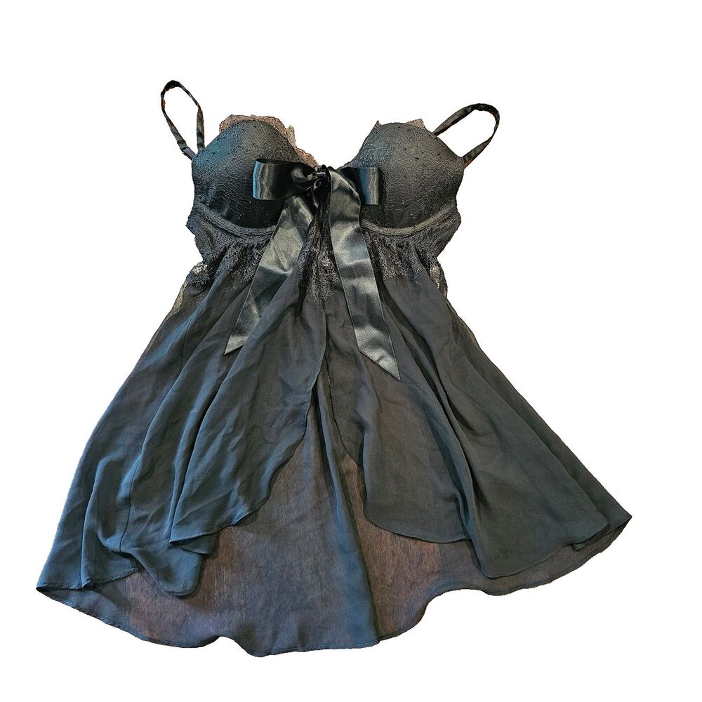 Black Sheer Lace Babydoll 36B Bow Flyaway Nightie Romanticcore Coquette Boudoir